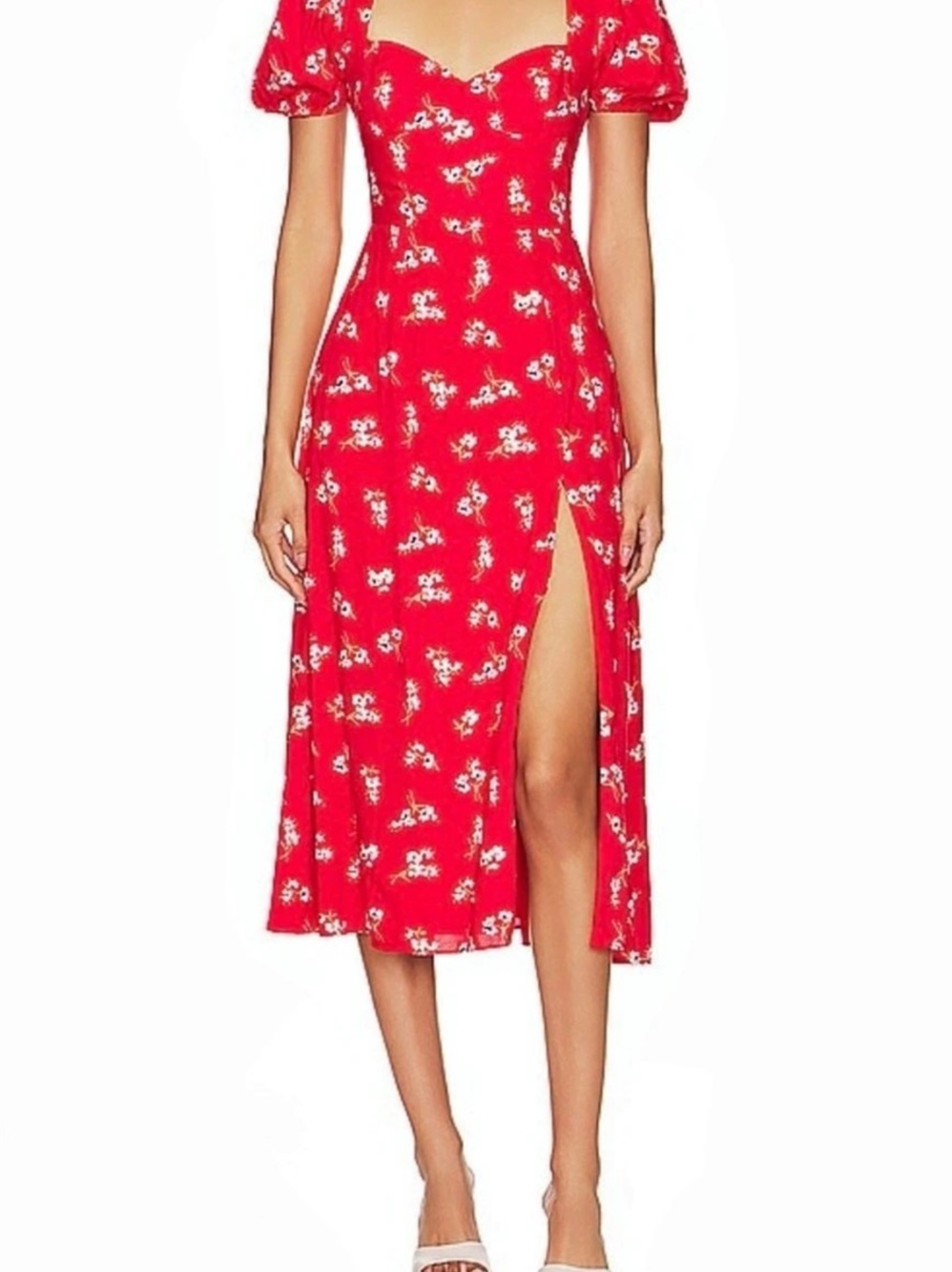 Bardot Floral Midi Dress in Red & White Size Medium